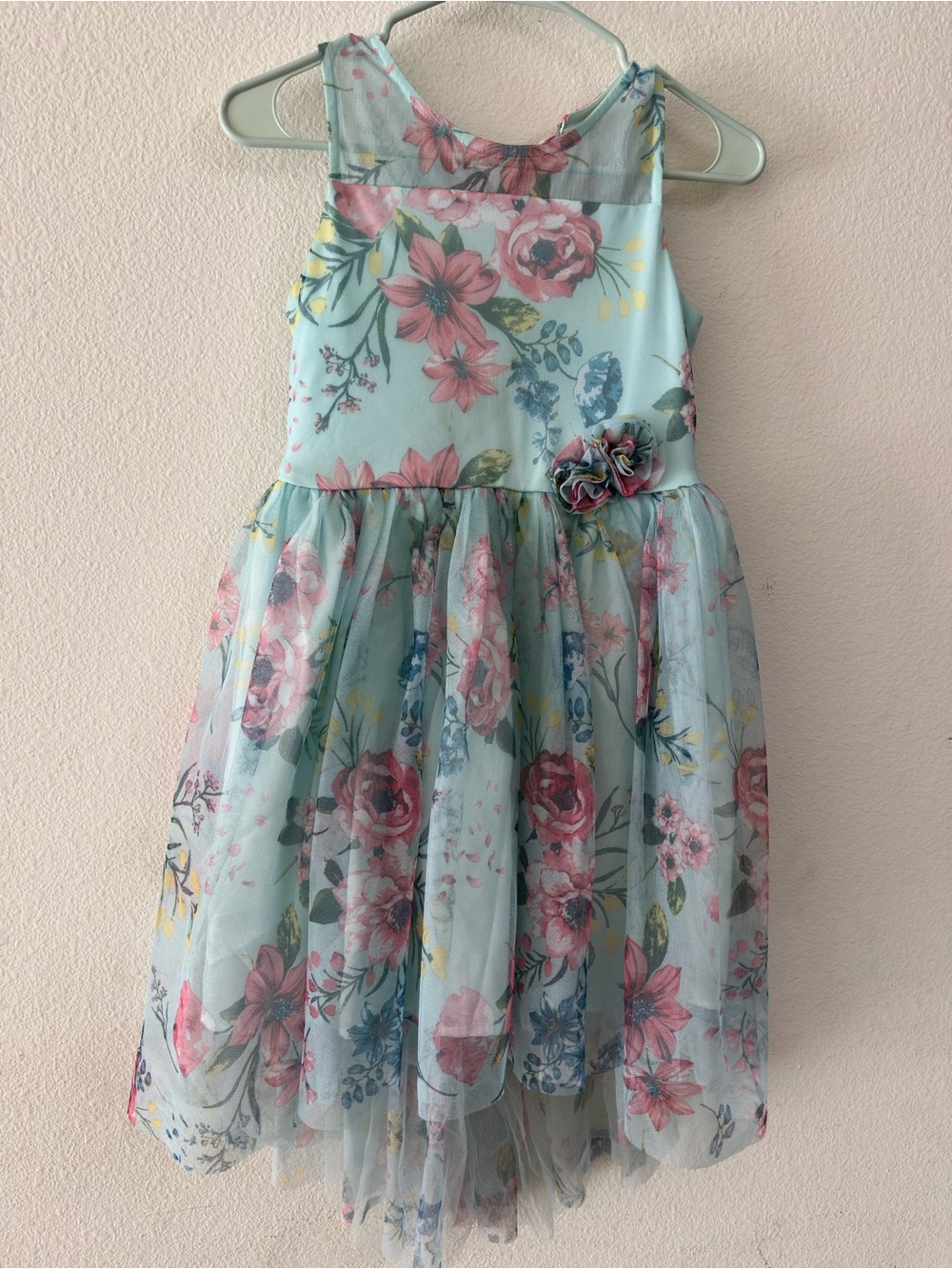 Zunie Light Blue Floral Tulle Dress with Pink Flowers